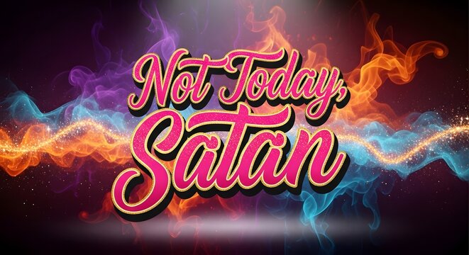 A vibrant digital graphic with colorful abstract smoke effects and the bold text 'Not Today, Satan' in a stylish script font, conveying a message of positivity and resilience