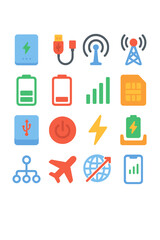 Battery GSM icon set icons in modern flat vector style in minimalistic vibrant color design: [Power bank, Charging cable, Antenna, GSM tower, Battery