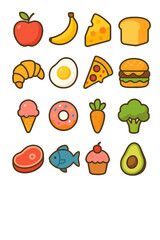 Food icon set icons in modern flat vector style in minimalistic vibrant color design: [Apple, Banana, Cheese, Bread, Croissant, Egg, Pizza slice,