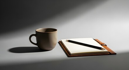 A simple still life image featuring a beige coffee mug and a closed notebook with a pen on top, set against a plain background with dramatic lighting and shadows