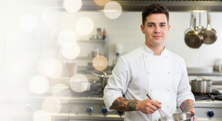 A chef in a professional kitchen, holding a whisk and wearing a white coat with a chef's hat.