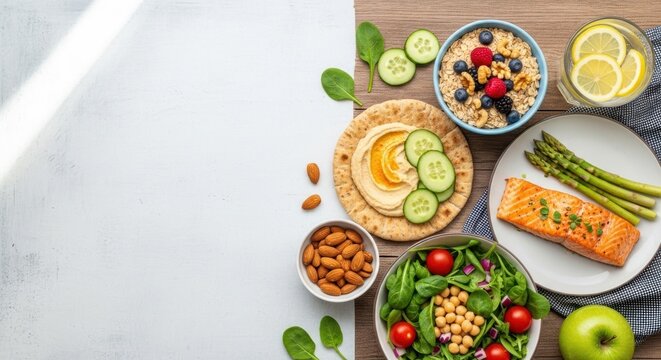 A colorful breakfast spread with fresh fruits, vegetables, and whole grains on a rustic wooden table.