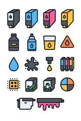Ink & toner icon set icons in modern flat vector style in minimalistic vibrant color design: [Black cartridge, Cyan cartridge, Magenta cartridge,