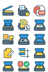 Copy & scan icon set icons in modern flat vector style in minimalistic vibrant color design: [Scanner bed, Auto feeder, Copy button, Scan to PDF, Scan