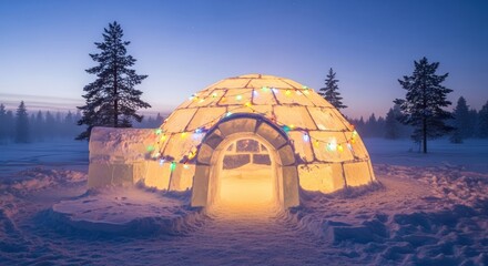 Illuminated igloo glows warmly in a snowy winter landscape at twilight hour