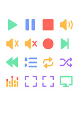Content Control icons in modern flat vector style in minimalistic vibrant color design: Play button, pause button, stop icon, volume up, volume down,