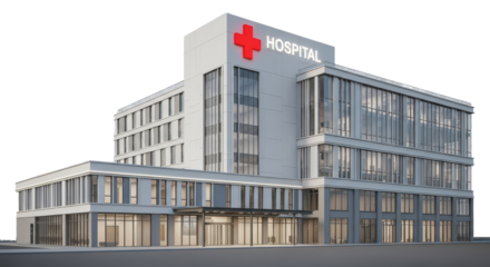 Modern Hospital Building With Red Cross Symbol And Glass Facade Exterior View Isolated On Transparent Background