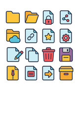File Access Tools icons in modern flat vector style in minimalistic vibrant color design: Folder icon, open folder, lock folder, shared file, cloud