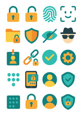 Privacy and Access icons in modern flat vector style in minimalistic vibrant color design: Lock icon, unlock icon, fingerprint, face ID, private