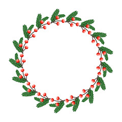 Vector illustration of a Christmas wreath in a round shape, decorated with festive elements like ribbons, berries, and pine branches, cozy holiday mood, traditional winter decor, isolated on white bac