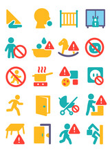 Child Safety Warnings icons in modern flat vector style in minimalistic vibrant color design: Sharp corner, choking hazard, baby gate, chemical