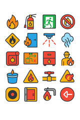 Fire Risk and Response icons in modern flat vector style in minimalistic vibrant color design: Fire flame, extinguisher icon, emergency exit, no open