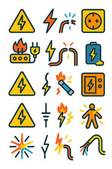 Electrical Hazard Symbols icons in modern flat vector style in minimalistic vibrant color design: High voltage sign, lightning bolt, broken wire,