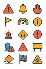 General Risk Symbols icons in modern flat vector style in minimalistic vibrant color design: Danger triangle, alert bell, stop hand, info warning,