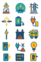 Energy and Electrical Hazards icons in modern flat vector style in minimalistic vibrant color design: Overload warning, electric arc, downed power