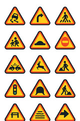 Road Danger Signs icons in modern flat vector style in minimalistic vibrant color design: Slippery road, sharp curve, falling rocks, pedestrian