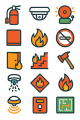 Fire Safety icons in modern flat vector style in minimalistic vibrant color design: Fire extinguisher, smoke detector, alarm bell, exit sign, fire