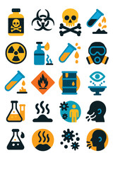 Biohazard and Chemical Risks icons in modern flat vector style in minimalistic vibrant color design: Toxic container, biohazard symbol, skull and
