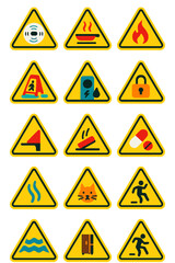 Home Hazard Signs icons in modern flat vector style in minimalistic vibrant color design: Carbon monoxide detector, hot stove icon, broken glass, open