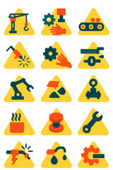 Industrial Equipment Warnings icons in modern flat vector style in minimalistic vibrant color design: Crane alert, moving gears, press hazard,