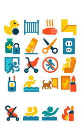 Child Safety Alerts icons in modern flat vector style in minimalistic vibrant color design: Toy choking hazard, baby gate, hot water warning, corner