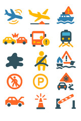 Transport Safety icons in modern flat vector style in minimalistic vibrant color design: Air turbulence, emergency landing, lifeboat symbol, ferry