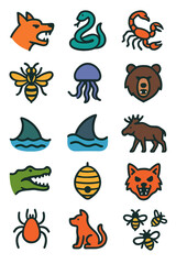 Animal Risk Symbols icons in modern flat vector style in minimalistic vibrant color design: Aggressive dog sign, venomous snake, scorpion danger, bear