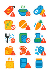 Food Safety Warnings icons in modern flat vector style in minimalistic vibrant color design: Expired food label, food poisoning alert, undercooked