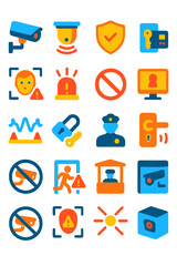 Security and Surveillance Alerts icons in modern flat vector style in minimalistic vibrant color design: CCTV icon, motion sensor, secure zone,