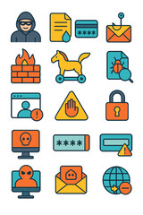 Cyber Risk Symbols icons in modern flat vector style in minimalistic vibrant color design: Hacker face, data leak, password theft, phishing email,
