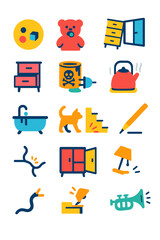 Children’s Environment Hazards icons in modern flat vector style in minimalistic vibrant color design: Small parts alert, choking toy, unstable
