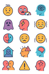 Emotional State Alerts icons in modern flat vector style in minimalistic vibrant color design: Anxiety icon, panic face, anger meter, emotional