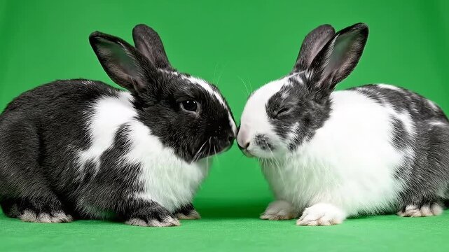 Two young Dutch rabbits with black and white fur touching noses on a vibrant green background