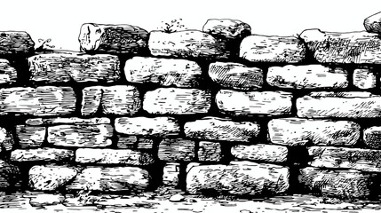 Hand-drawn vintage illustration of an old dry stone wall with natural texture, a rustic background design element.