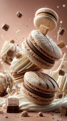 Macaroons flying in the air with chocolate, cookie crumbs, chocolate pieces, cream, dynamic vertical image