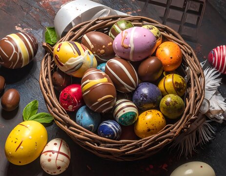 Assortment of decorated Easter eggs in a wicker basket