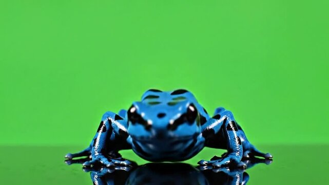 Vibrant Blue Poison Dart Frog with Black Spots Hopping on Reflective Surface Green Screen Background