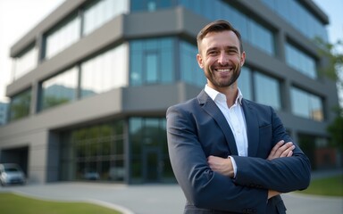 Portrait of a male businessman standing confidently in front of a company building, exuding authority, smiling, portrait shot, standing,. High quality