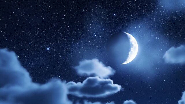 A stunning footage of a serene night sky, featuring a crescent moon surrounded by soft, billowing clouds