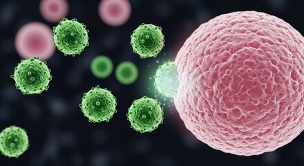 A pink cell with green viruses surrounding it.