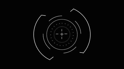 Animation White Futuristic Radar Scope Targeting System Interface on Black Background image. Futuristic targeting system with white radar scope animates across interface creating striking technology . - Powered by Adobe