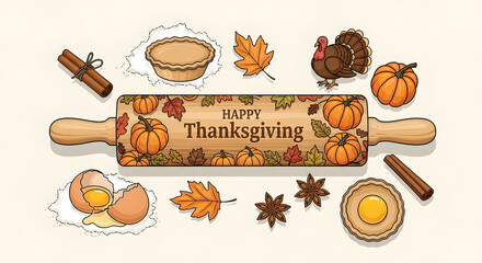 Happy Thanksgiving Rolling Pin With Autumnal Delights and Baking Ingredients