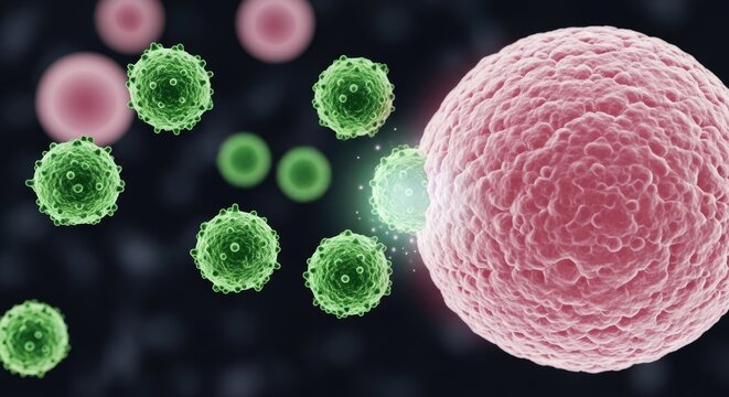 A pink cell with green viruses surrounding it.
