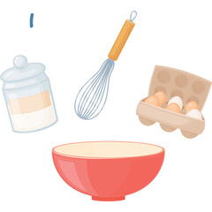 Baking ingredients and tools arranged in a creative composition on a transparent background including a red mixing bowl a whisk a jar of sugar and a carton of eggs for culinary preparation and cooking