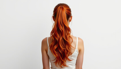Obraz premium Red hair ponytail long hair wavy hair woman back view white background natural light hairstyle ginger
