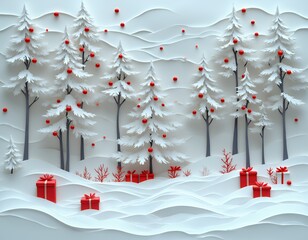 Snow-covered christmas tree with red ornaments and gifts in a snowy winter park with snow falling traditional winter holiday concept christmas tree tree papercut christmas paper vector background desi