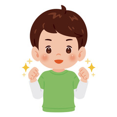 両手でガッツポーズをした男の子　上半身イラスト／Upper Body Illustration of Boy Doing Double Fist Pump with Bent Arms