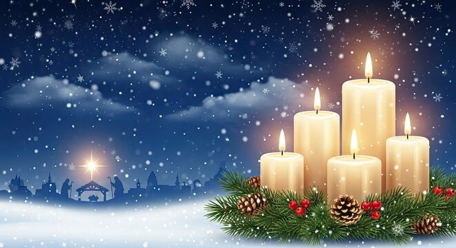 Christmas candles and decorations against a snowy background with a nativity scene in the distance. - Powered by Adobe