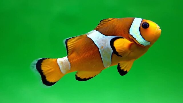 Vibrant Orange Clownfish with White Stripes Swims Gracefully in Seamless Green Background Studio Lighting