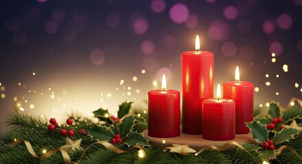 Four red candles with flames on a festive background with holly and berries.